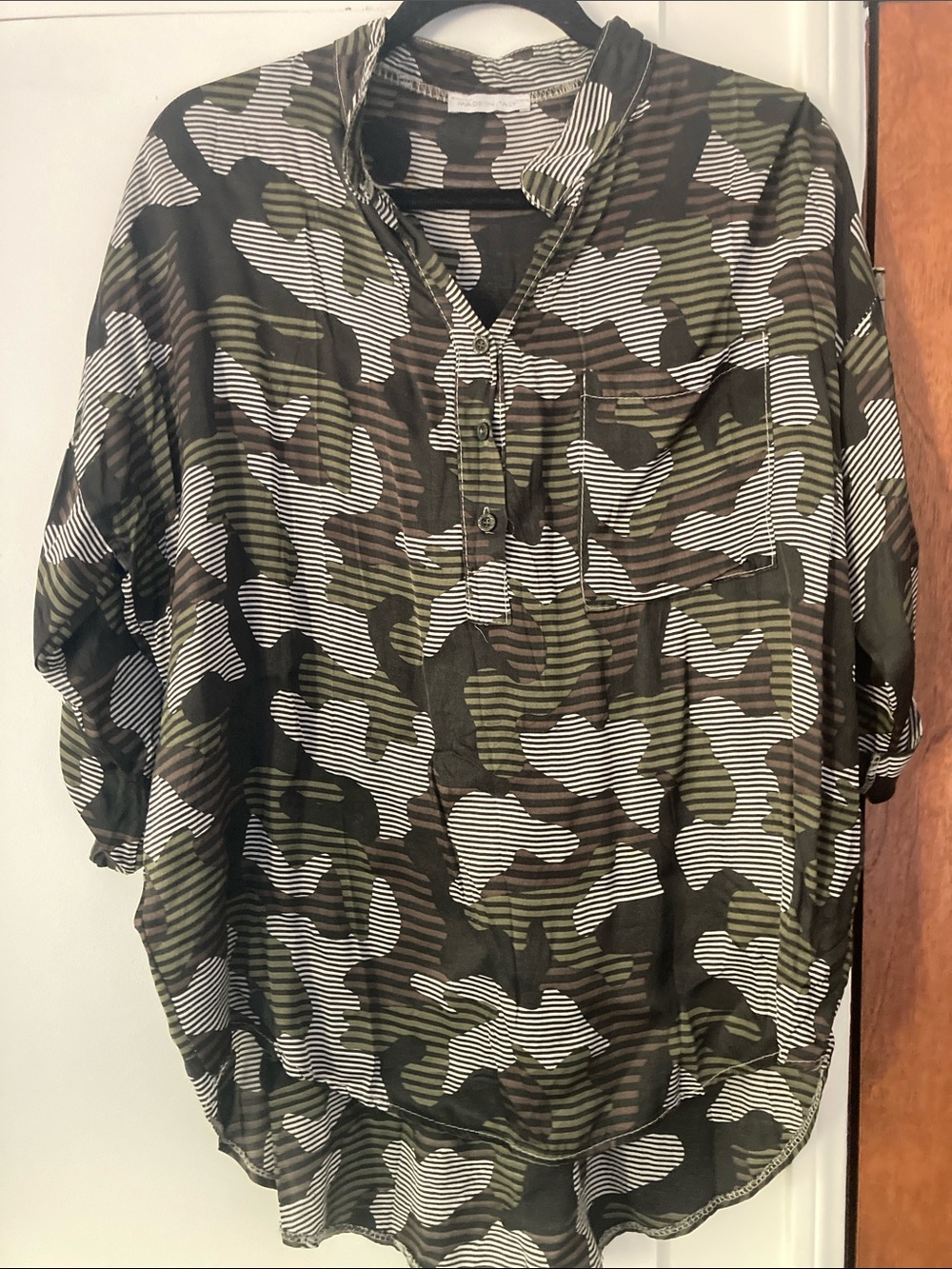 Women's Olive Camo Split-Neck Tunic with Button Placket